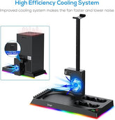 RGB Charging Stand with Cooling Fan for Xbox Series X Console & Controller,Dual Charger Station Cooler System Accessories with 15 RGB Lights,2 x 1400mAh Rechargeable Battery,Headphone stand,Game Discs